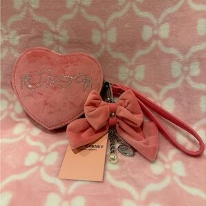 Juicy Couture Coral Pink Heart Coin Purse with Velvet Bow Charm
